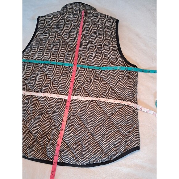 J.Crew Down Filled Vest Black Tan Herringbone 2 Way Zip Snap Pockets Size L Vest - Picture 8 of 10